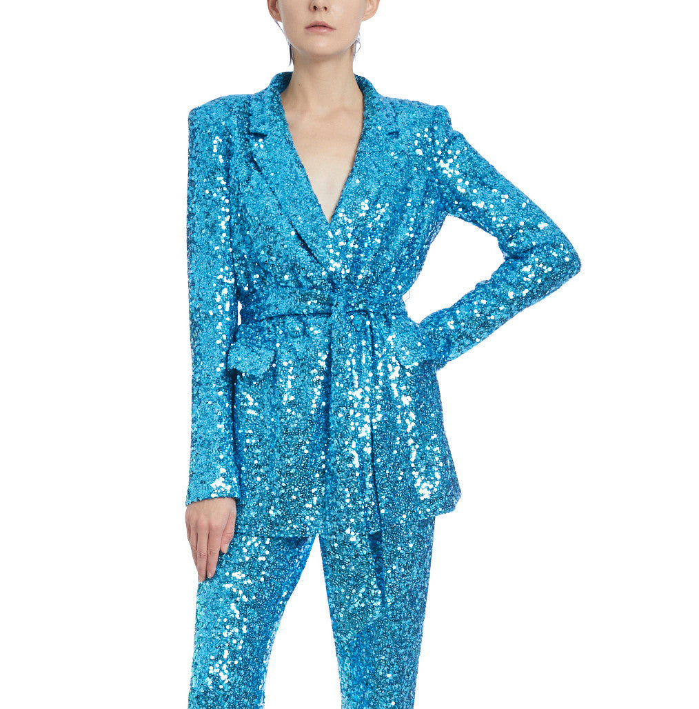 Turquoise | Turquoise Sequined Blazer with Sash Belt