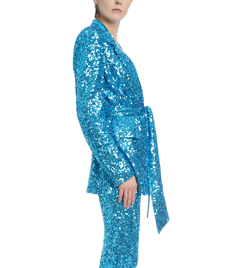 Turquoise | Turquoise Sequined Blazer with Sash Belt
