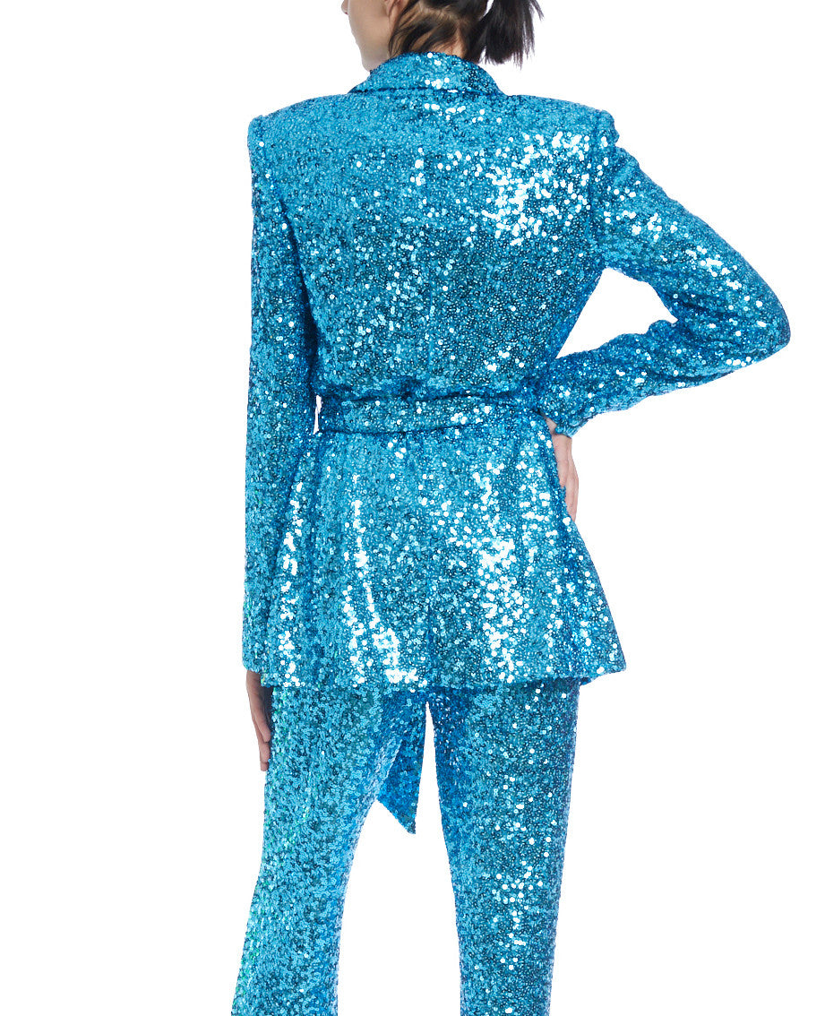Turquoise | Turquoise Sequined Blazer with Sash Belt