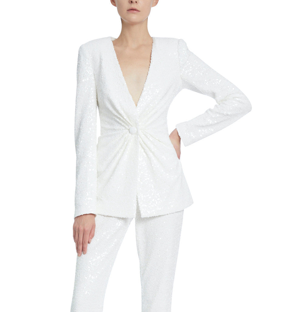 White | White Sequined Blazer with Button