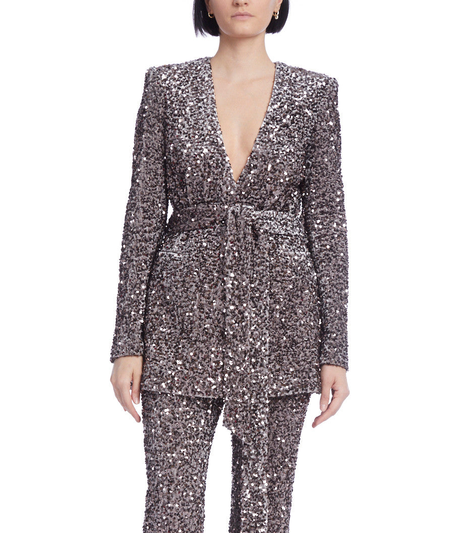 Slate Multi | Sequined Velvet Blazer with Self-Sash