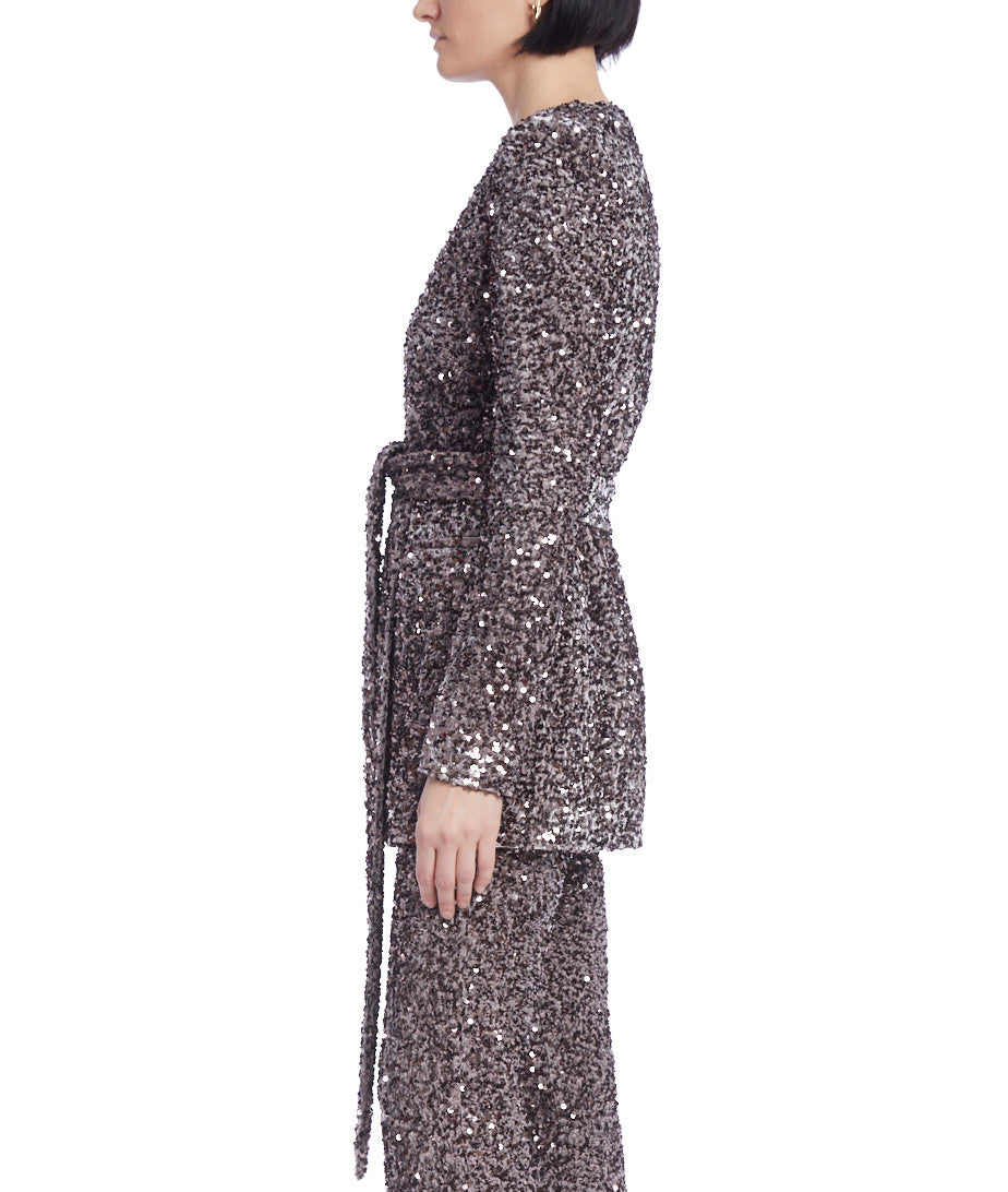 Slate Multi | Sequined Velvet Blazer with Self-Sash