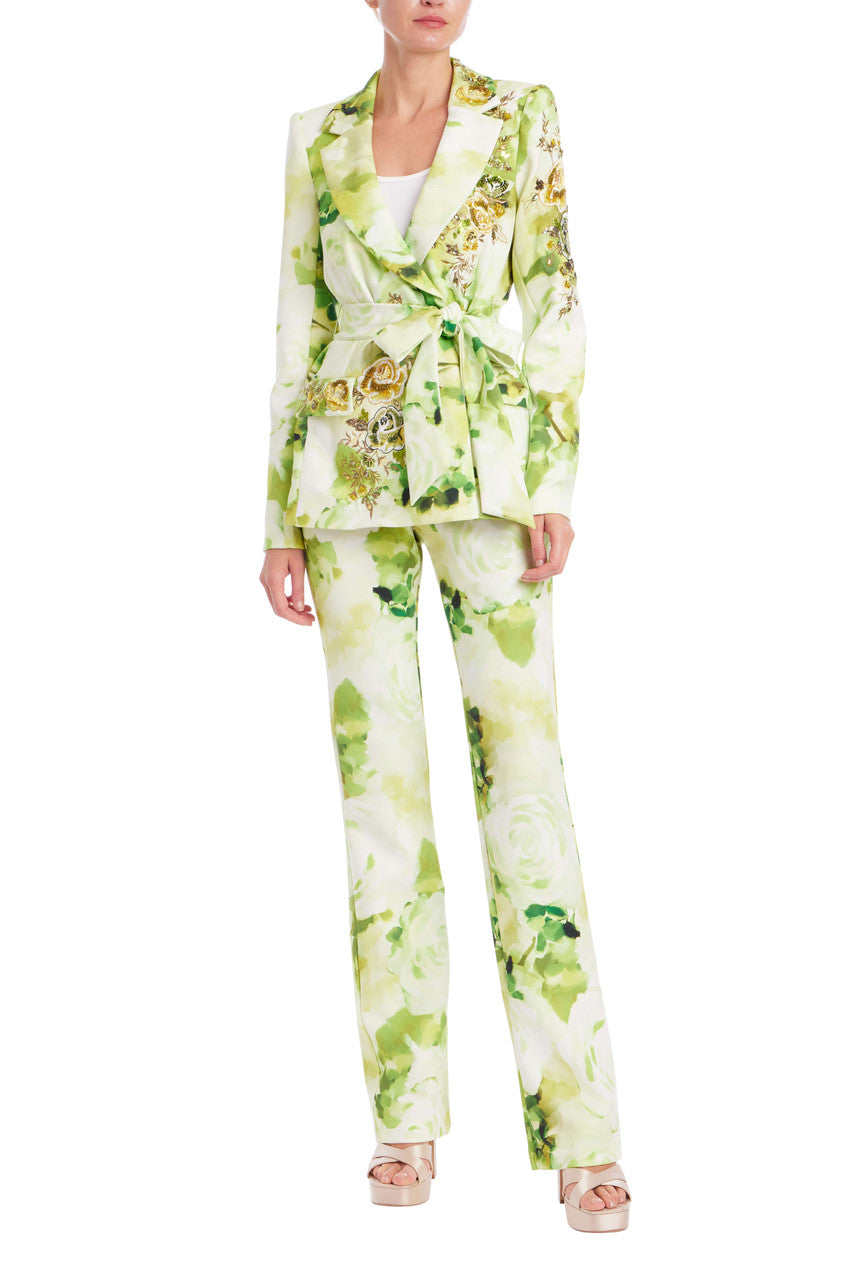 Lime Multi | Beaded Floral Tie-Waist Jacket Front
