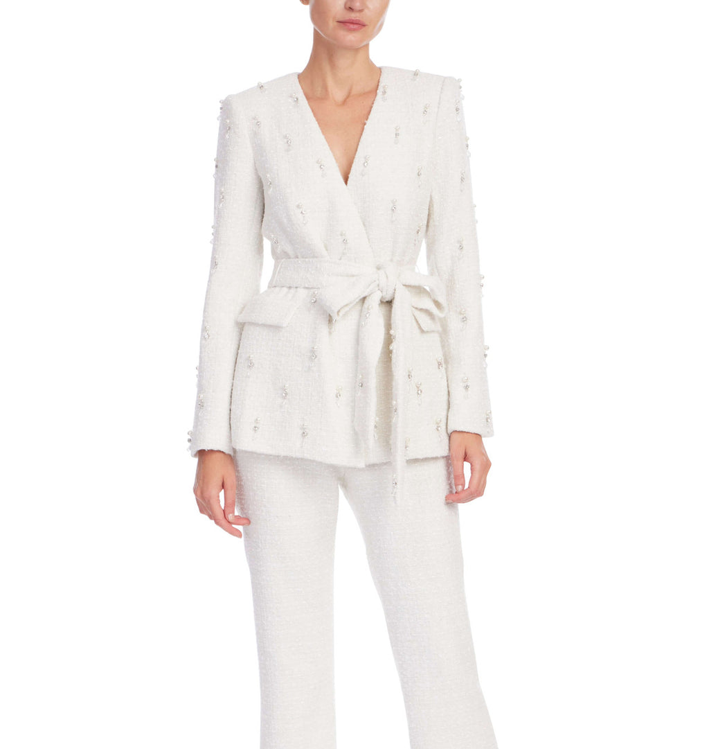 Ivory | Tweed Beaded Tie Waist Jacket Front