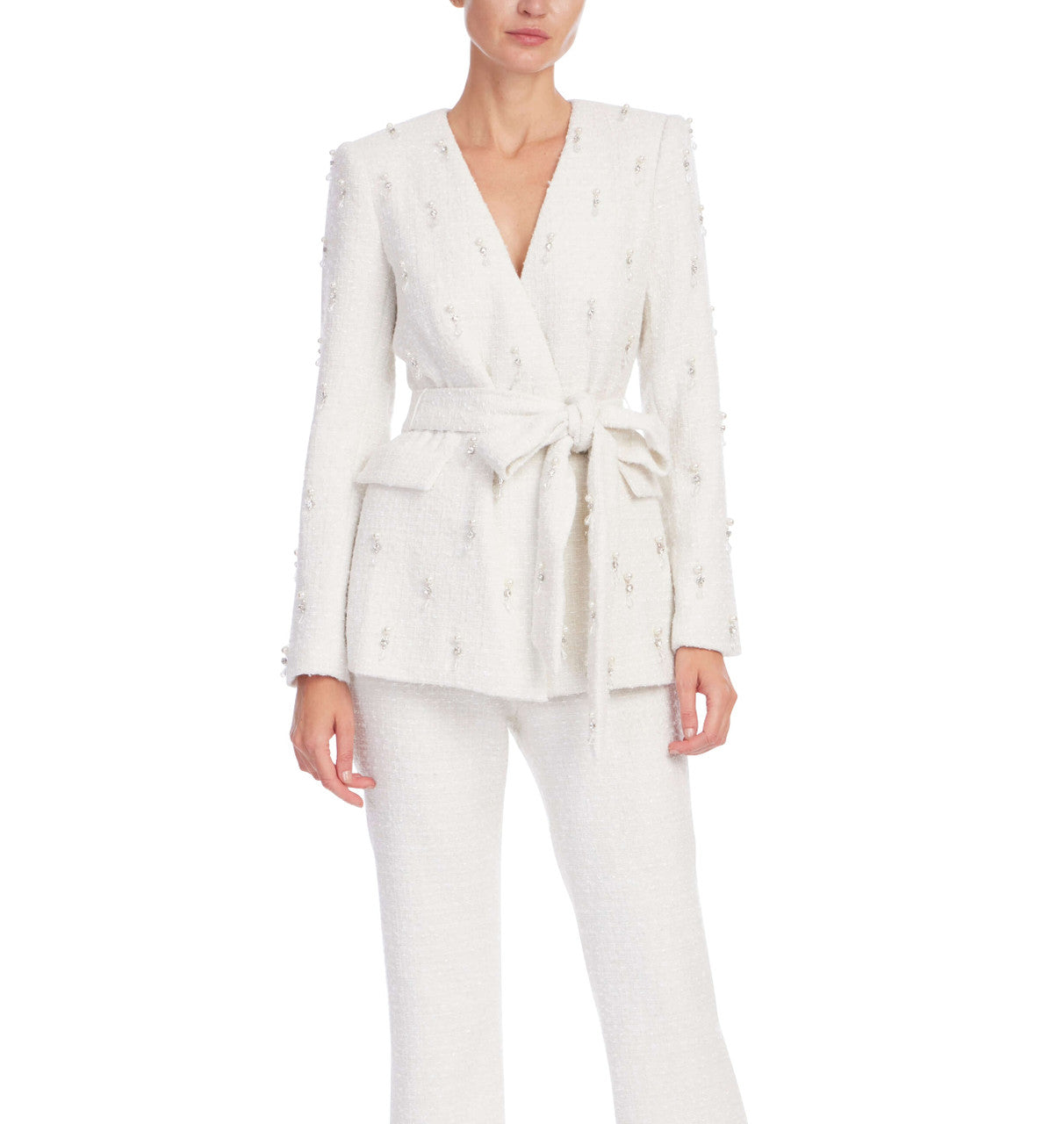 Ivory | Tweed Beaded Tie Waist Jacket Front