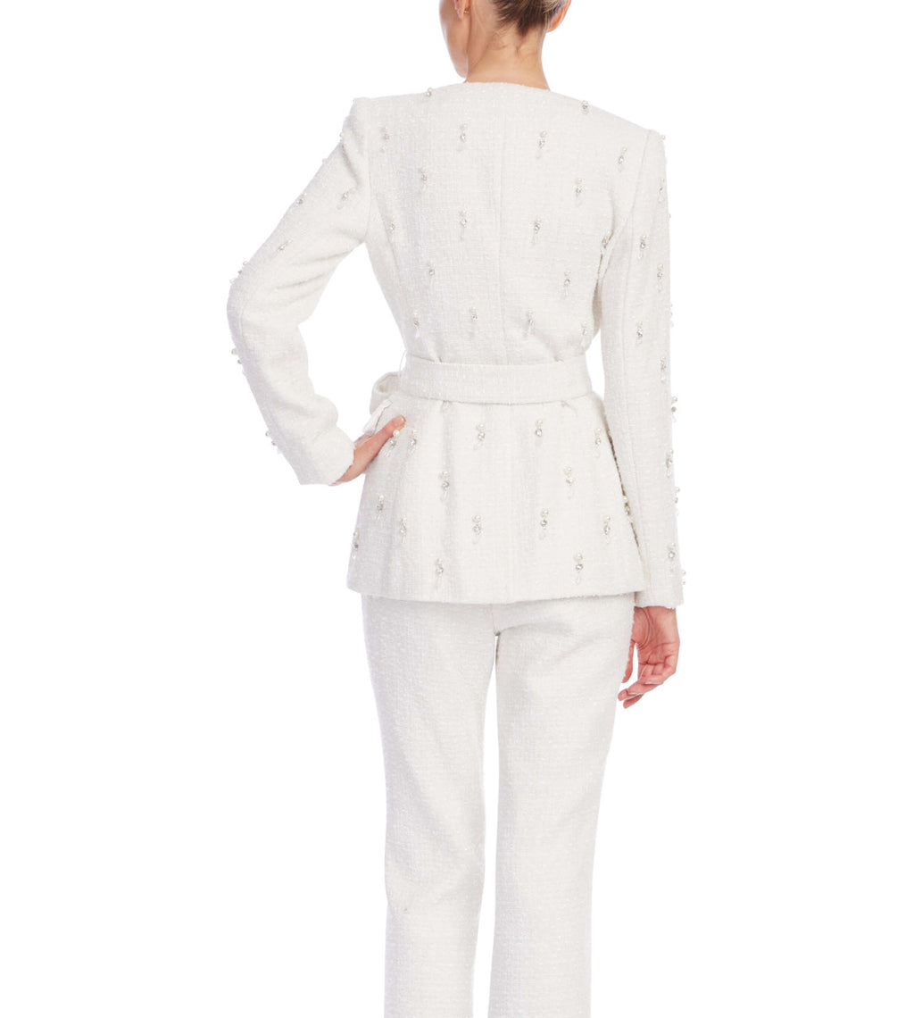 Ivory | Tweed Beaded Tie Waist Jacket Back