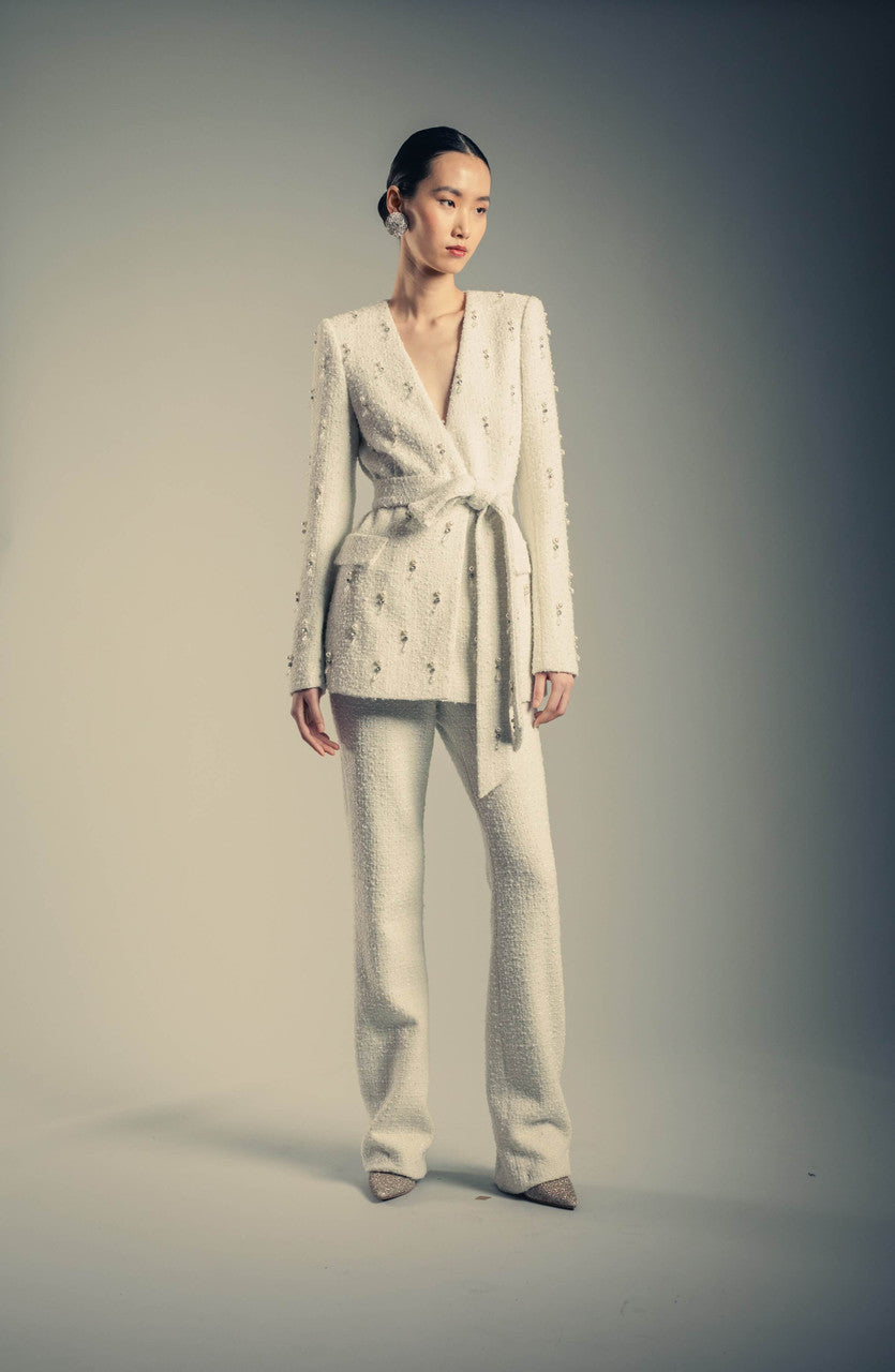 Ivory | Tweed Beaded Tie Waist Jacket Runway