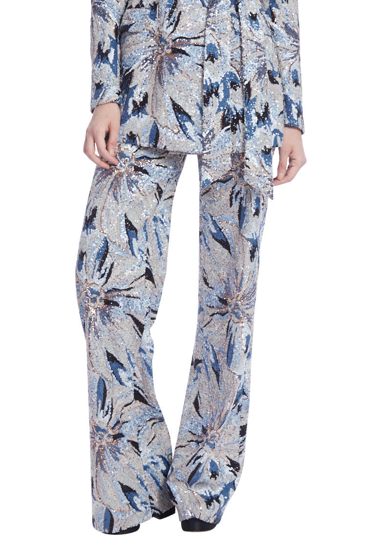 Blue Multi | Sequined Printed Wide Leg Pants