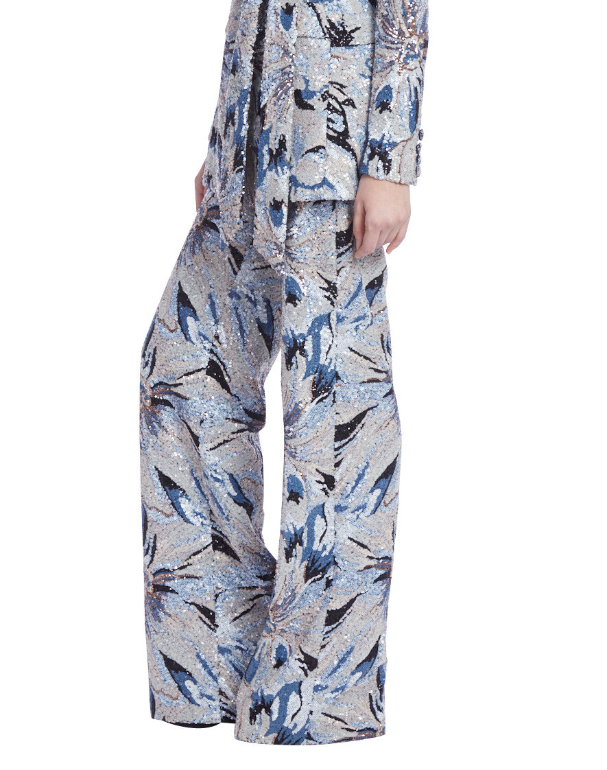Blue Multi | Sequined Printed Wide Leg Pants