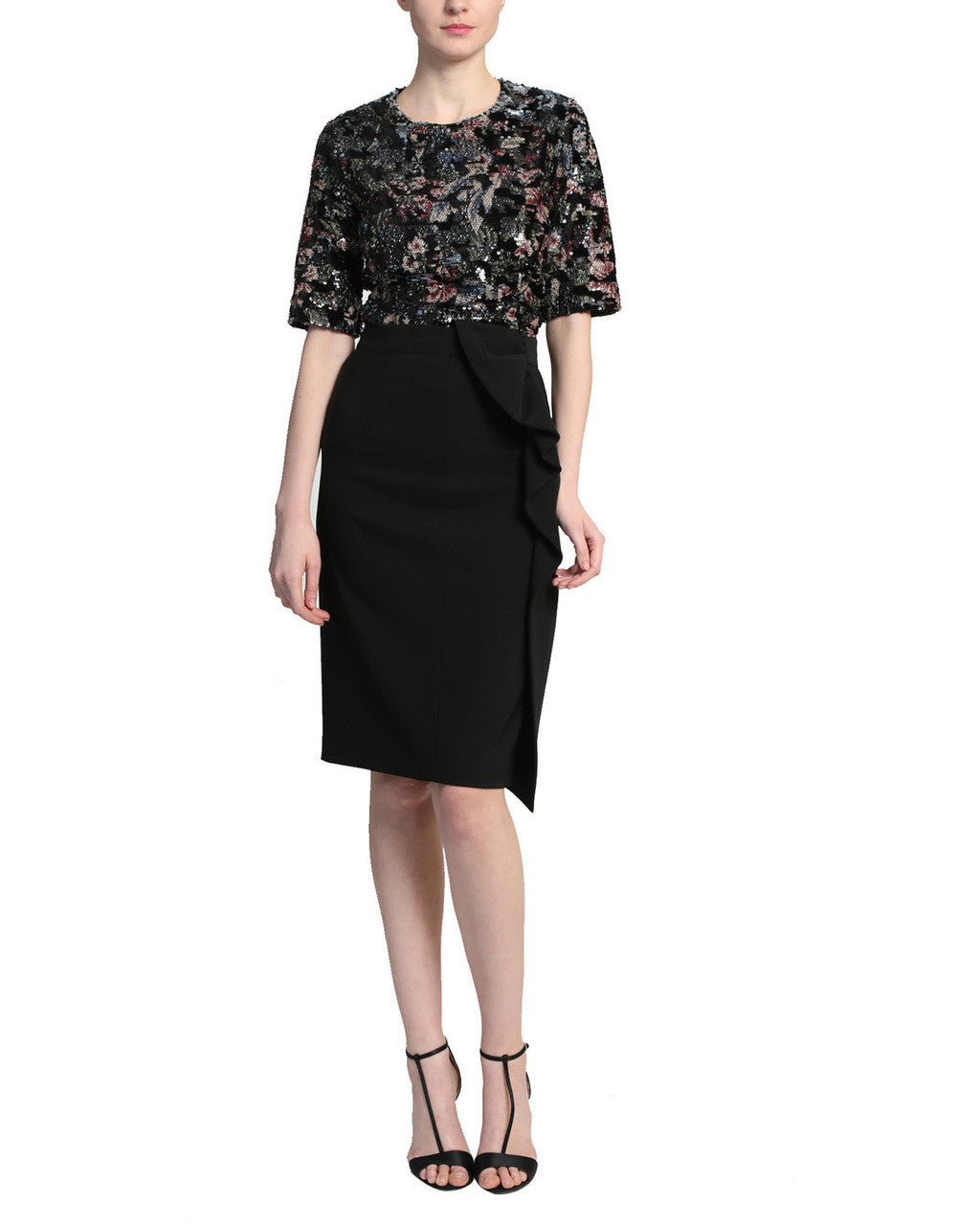 Black Multi | Floral Printed Velvet Sequin Top