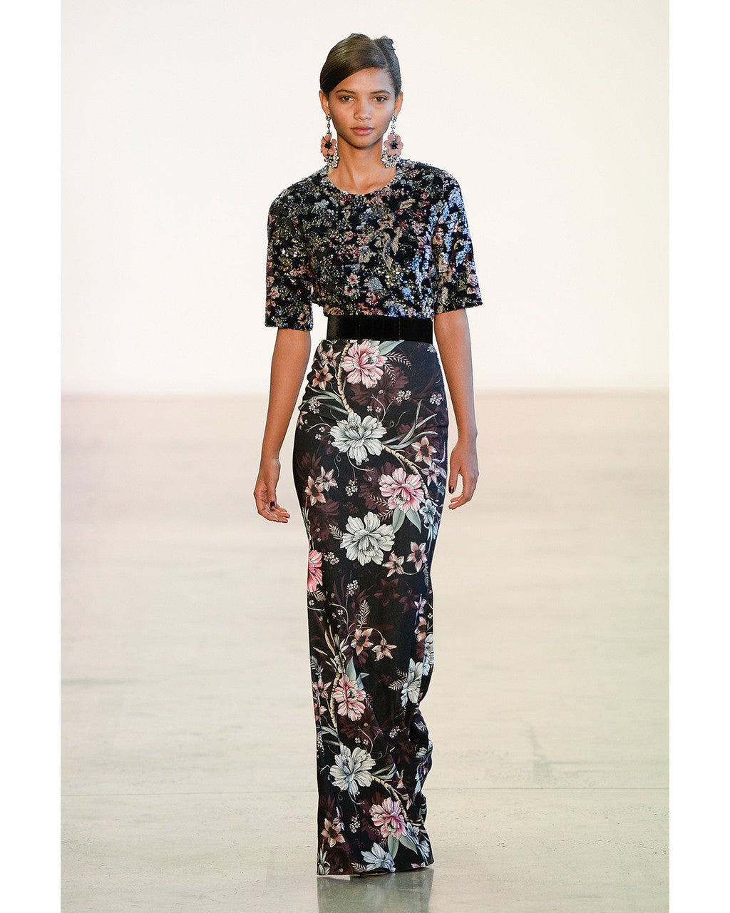 Black Multi | Floral Printed Velvet Sequin Top