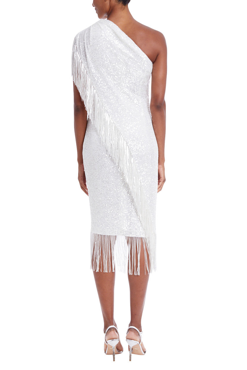 Light Ivory | One-Shoulder Sequin Fringed Dress