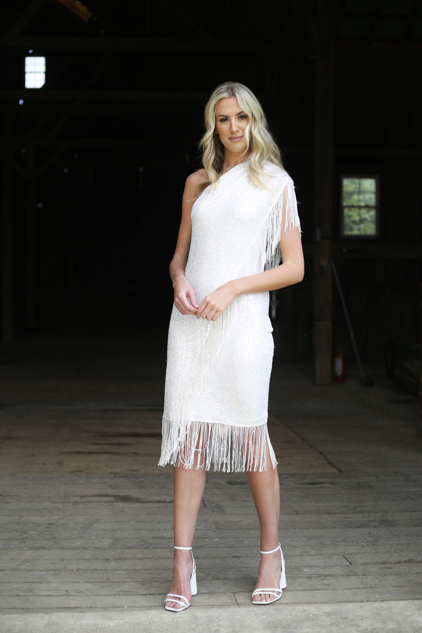 Light Ivory | One-Shoulder Sequin Fringed Dress