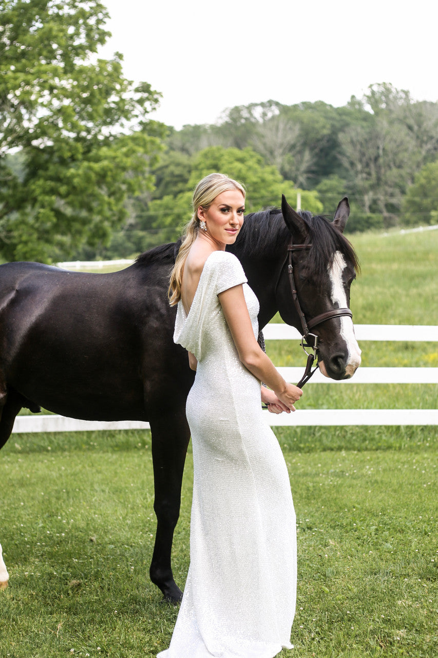 Light Ivory | Sequin Gown with Back Cowl Neck