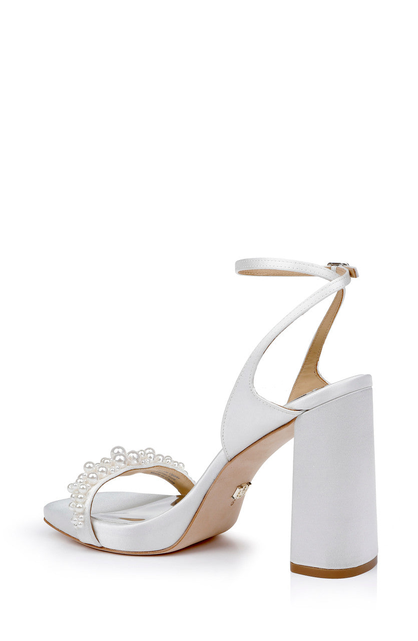 Soft White | Calida Satin Block Heels with Pearled Vamp