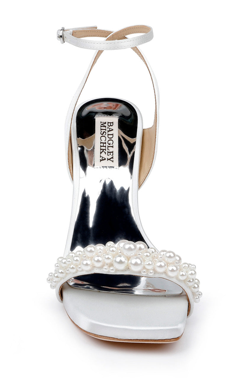 Soft White | Calida Satin Block Heels with Pearled Vamp