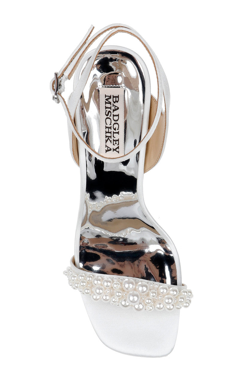 Soft White | Calida Satin Block Heels with Pearled Vamp