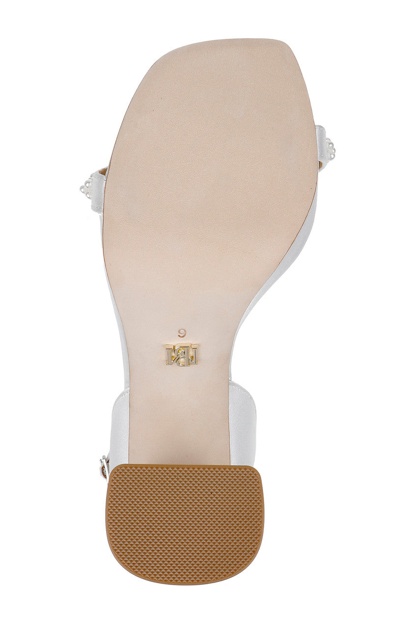 Soft White | Calida Satin Block Heels with Pearled Vamp