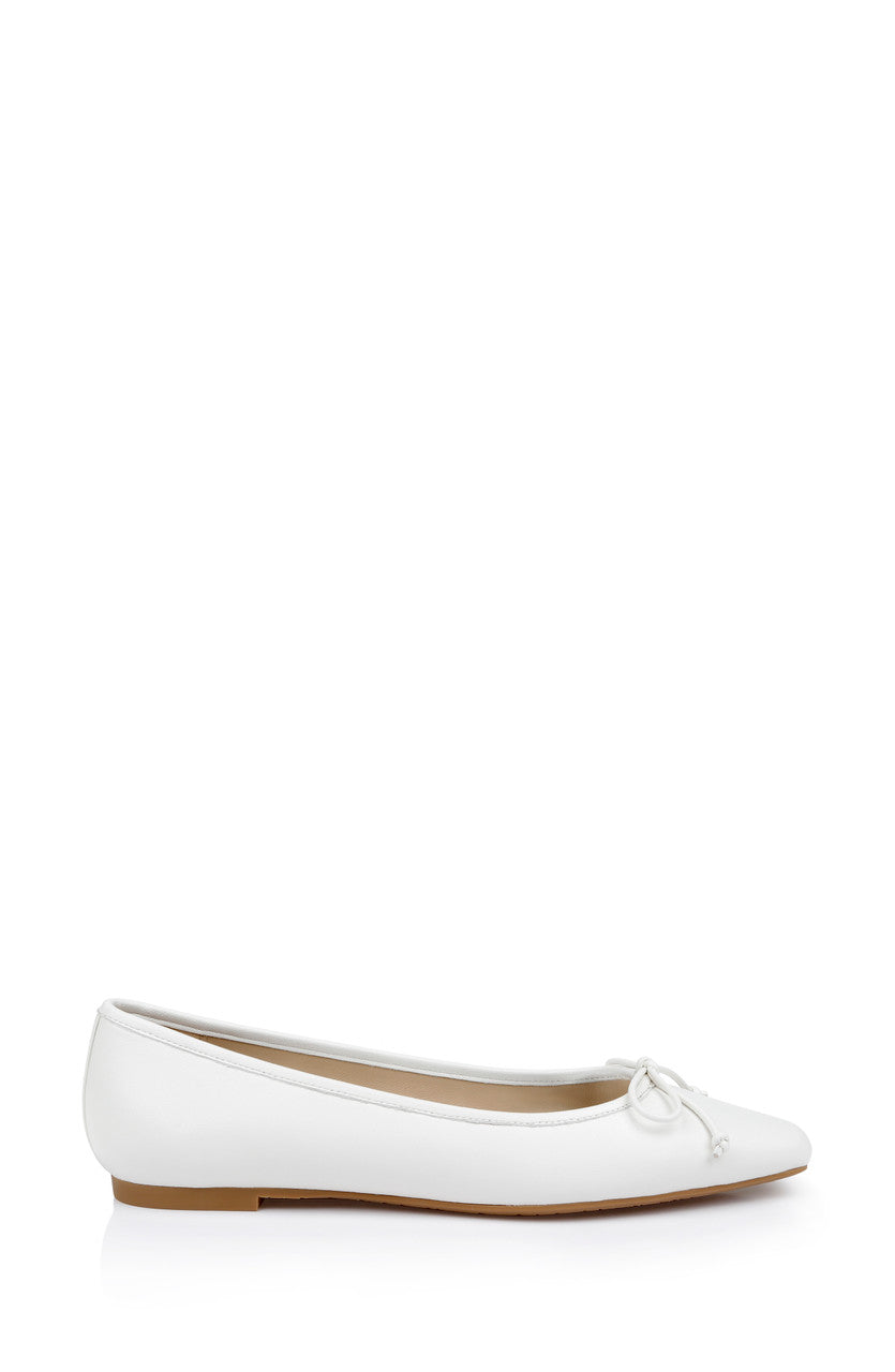 White Leather | Cam Pointed Toe Leather Flats with Bow