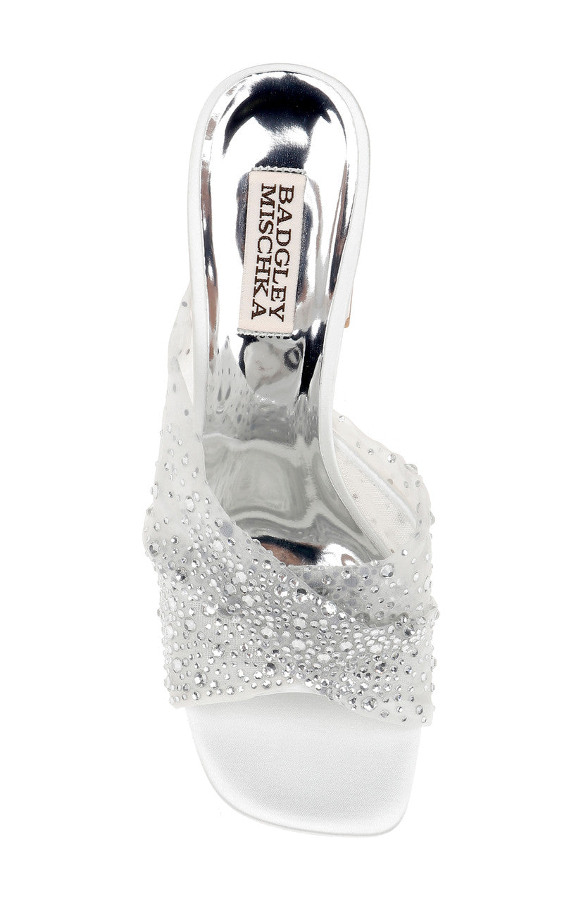 Camelia Crystal-Embellished Peep-Toe Mules with Block Heel by