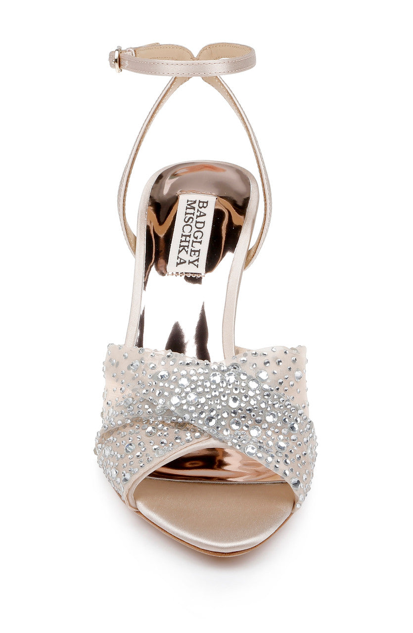 Cameryn Satin Peep-Toe Stiletto with Crystal-Embellished Mesh Overlay by Badgley Mishcka Badgley Mischka Cameryn Satin Peep-Toe Stiletto with Crystal-Embellished Mesh Overlay by Badgley Mishcka Badgley Mischka