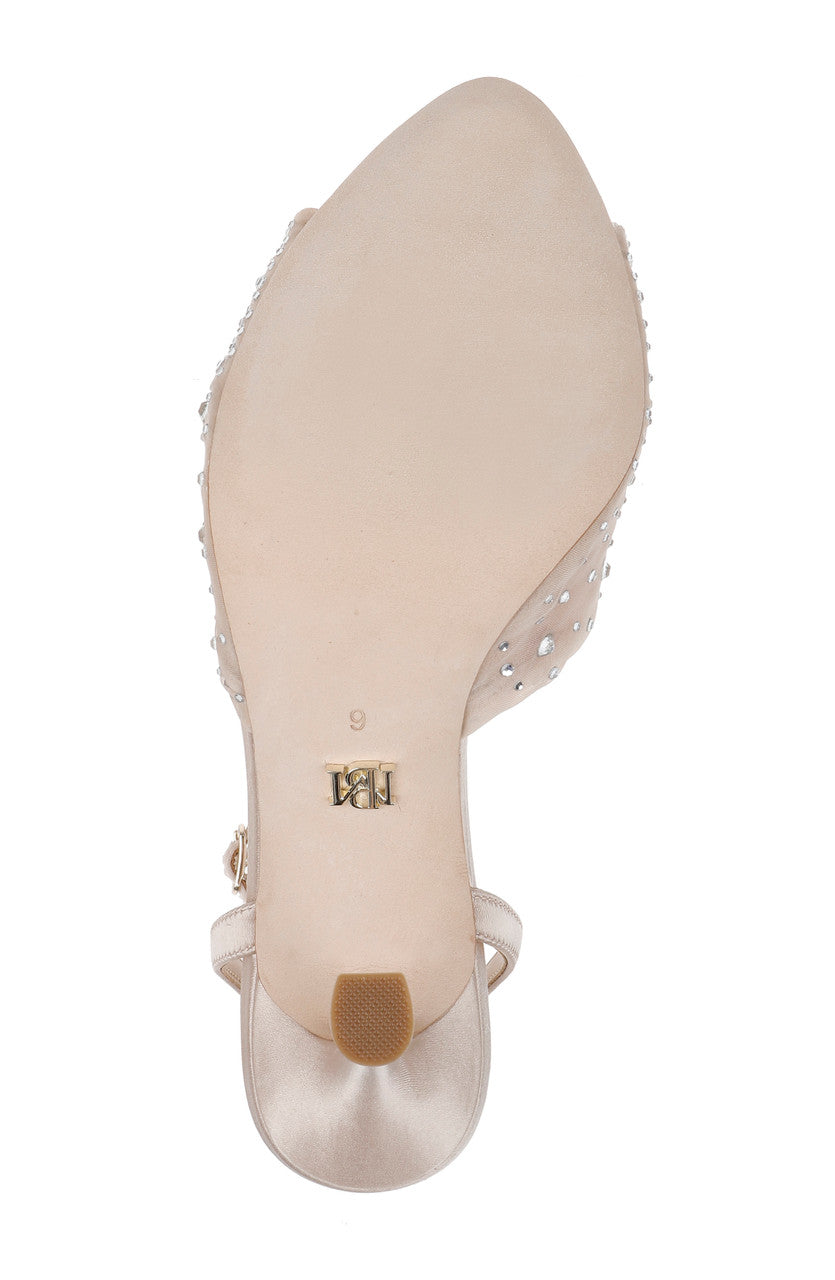 Cameryn Satin Peep-Toe Stiletto with Crystal-Embellished Mesh Overlay by Badgley Mishcka Badgley Mischka Cameryn Satin Peep-Toe Stiletto with Crystal-Embellished Mesh Overlay by Badgley Mishcka Badgley Mischka