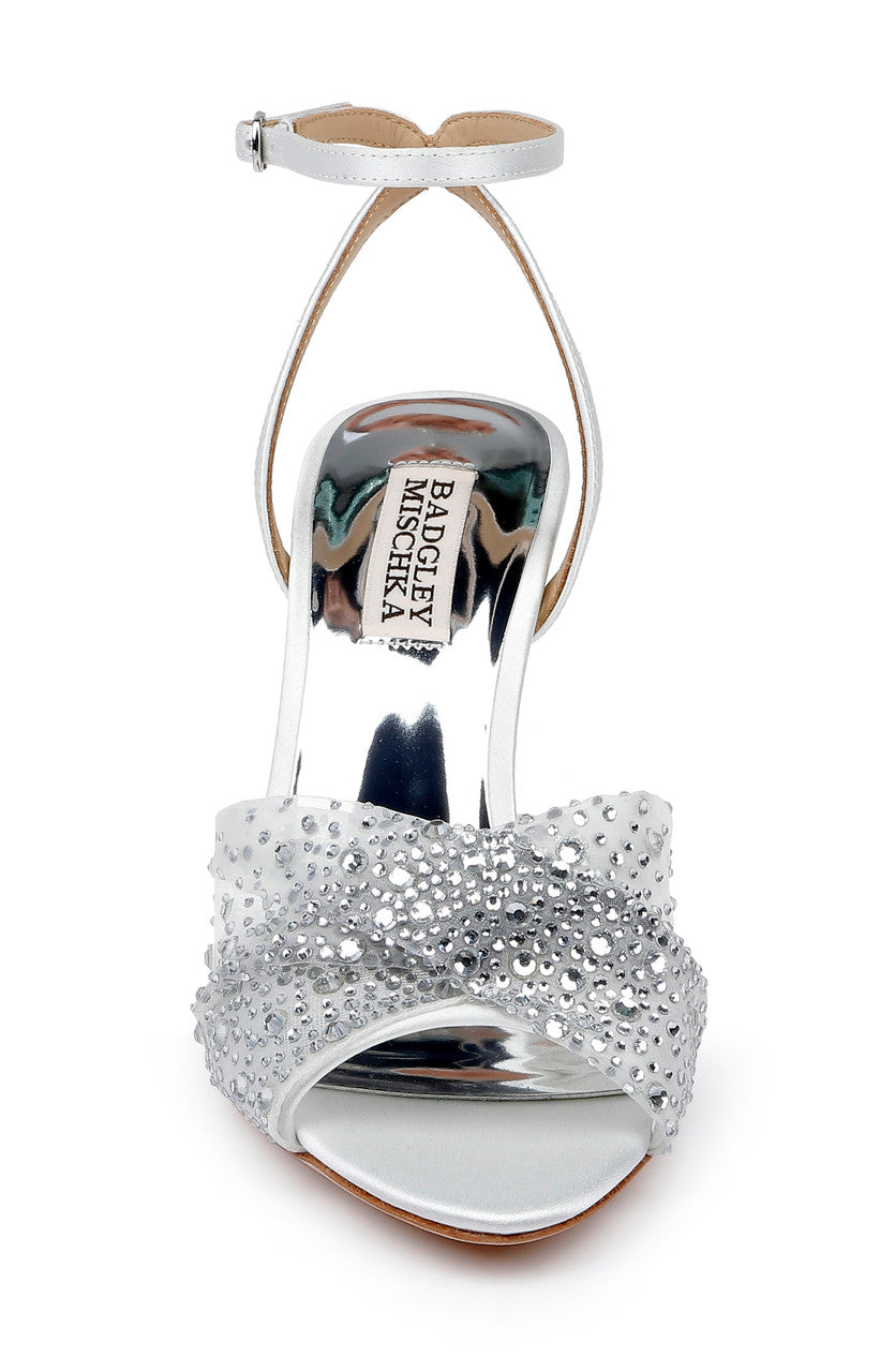 Soft White | Cameryn Satin Peep-Toe Stiletto with Crystal-Embellished Mesh Overlay