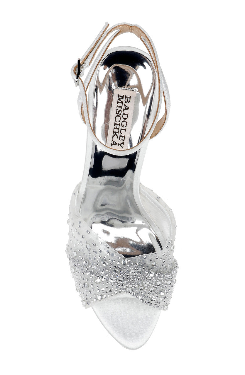 Soft White | Cameryn Satin Peep-Toe Stiletto with Crystal-Embellished Mesh Overlay