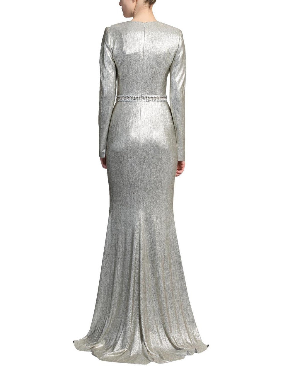 Grey/Gold | Long Sleeve Plunge V-Neck Gown