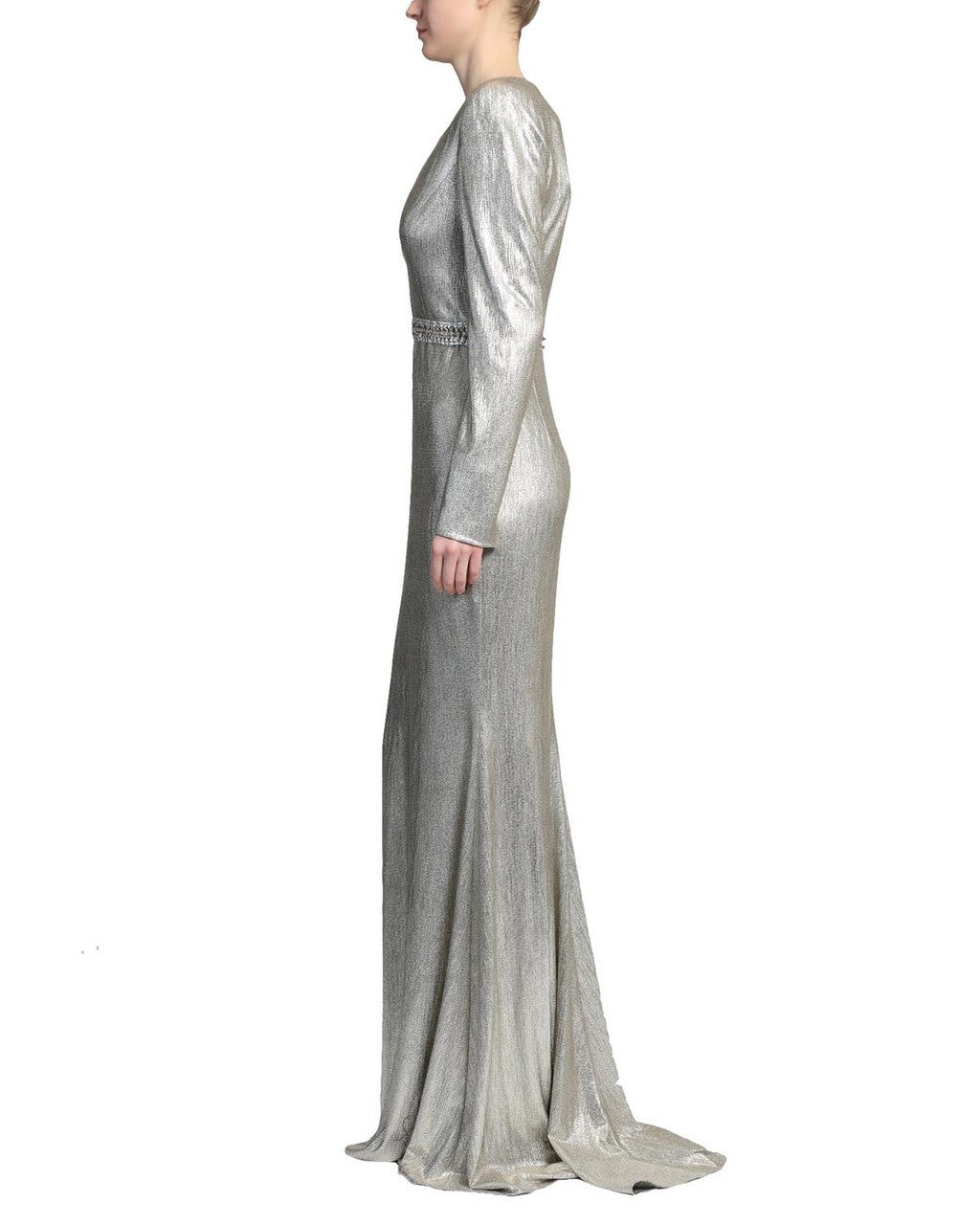 Grey/Gold | Long Sleeve Plunge V-Neck Gown