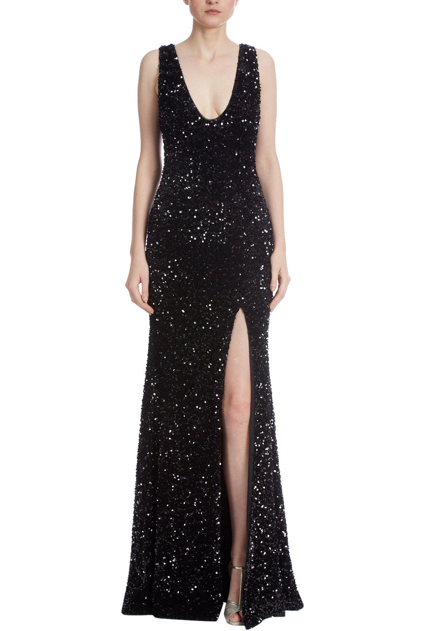 Black | Velvet Sequin Slit Gown