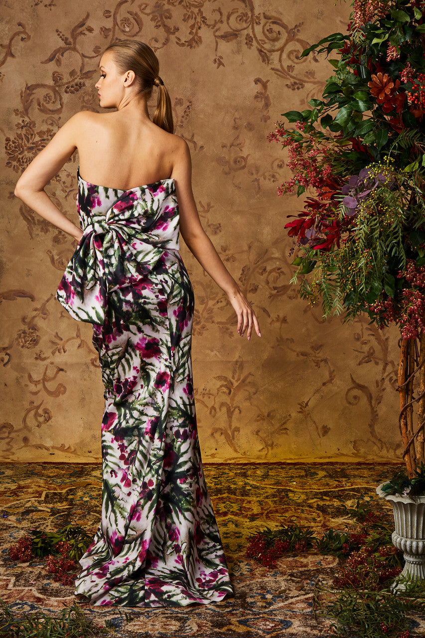 Lt Ivory/Raspberry | Strapless Floral Print Bow Back Gown