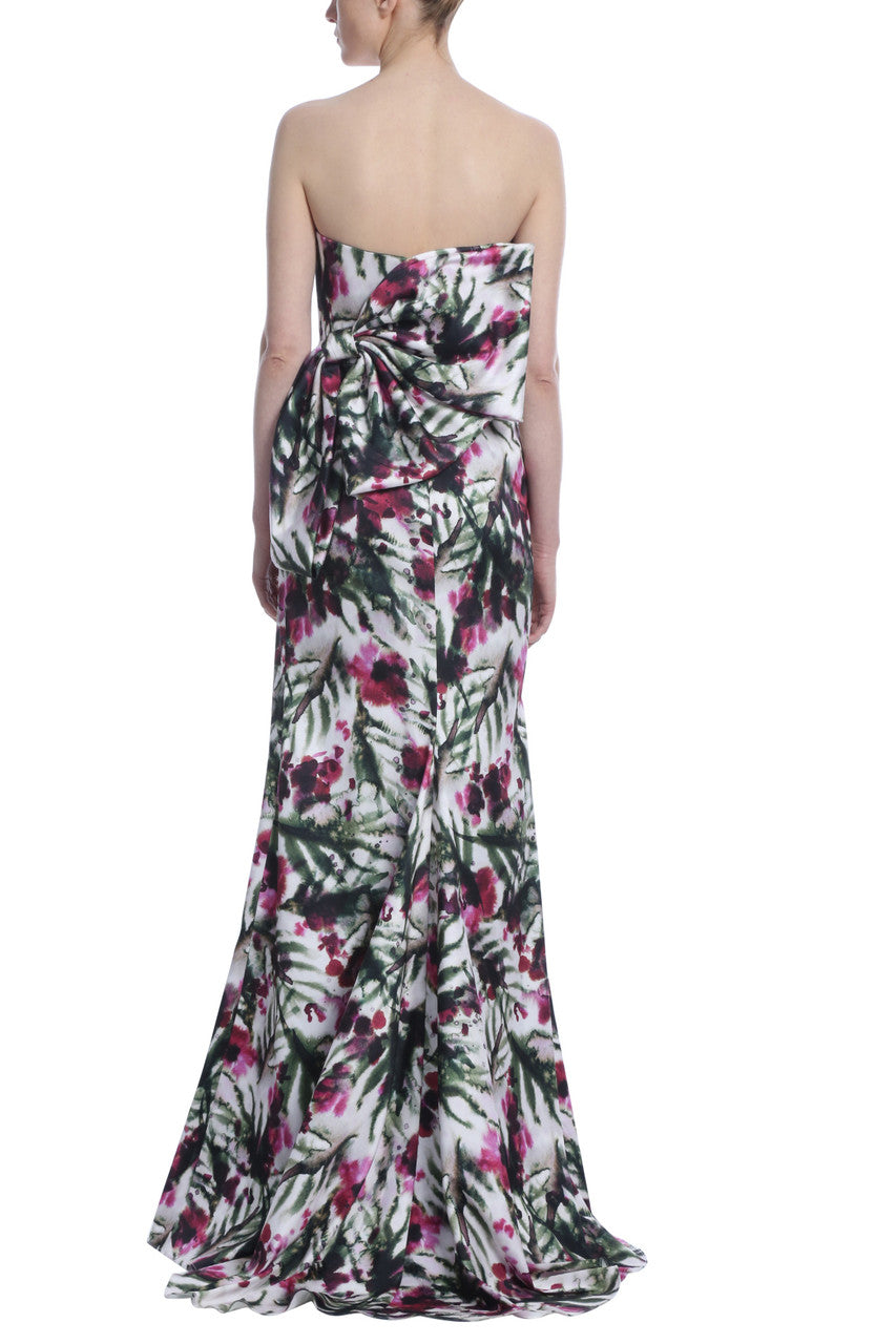 Lt Ivory/Raspberry | Strapless Floral Print Bow Back Gown