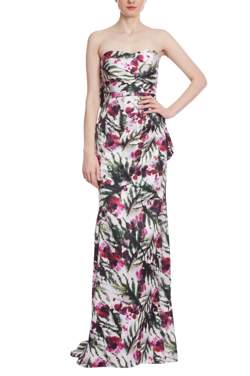Lt Ivory/Raspberry | Strapless Floral Print Bow Back Gown