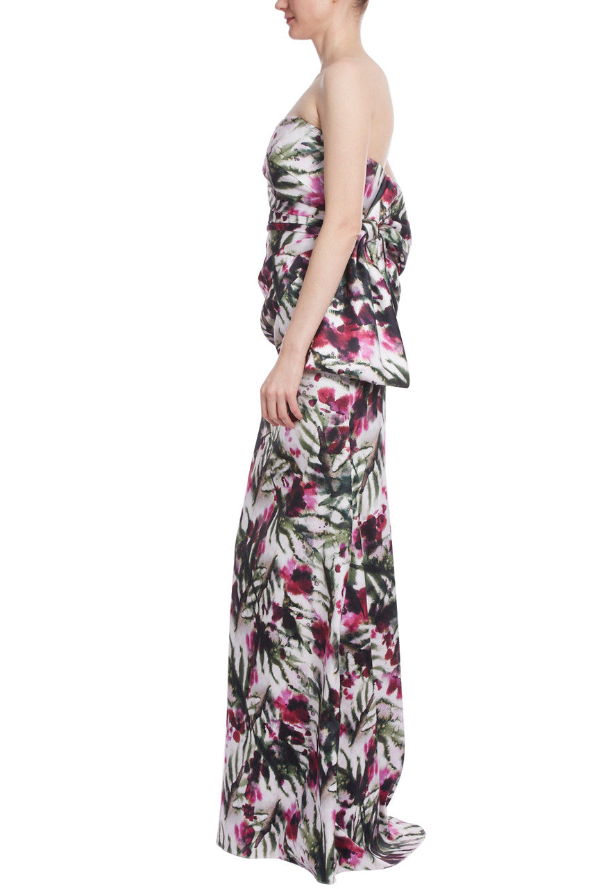 Lt Ivory/Raspberry | Strapless Floral Print Bow Back Gown