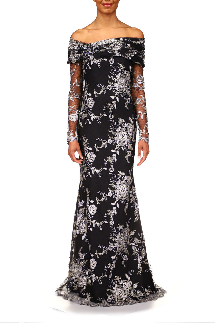 Navy | Lace Off-The-Shoulder Beaded Gown