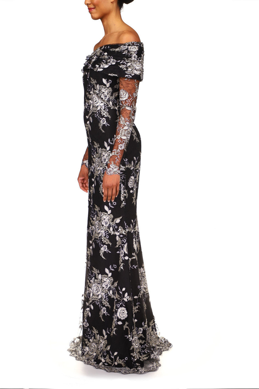Navy | Lace Off-The-Shoulder Beaded Gown