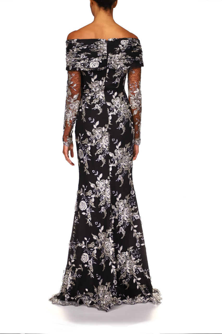 Navy | Lace Off-The-Shoulder Beaded Gown