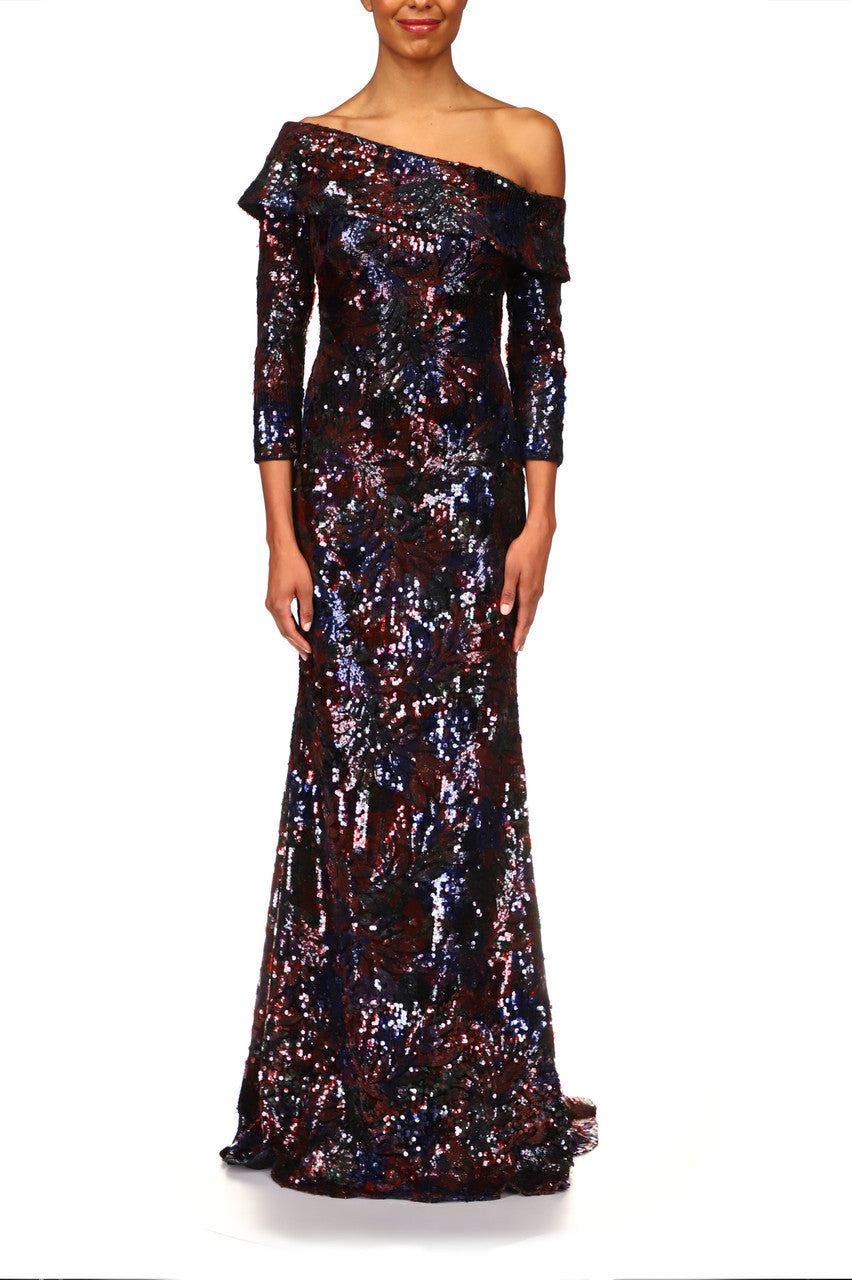 Black Multi | Floral Sequin Single-Shoulder Gown