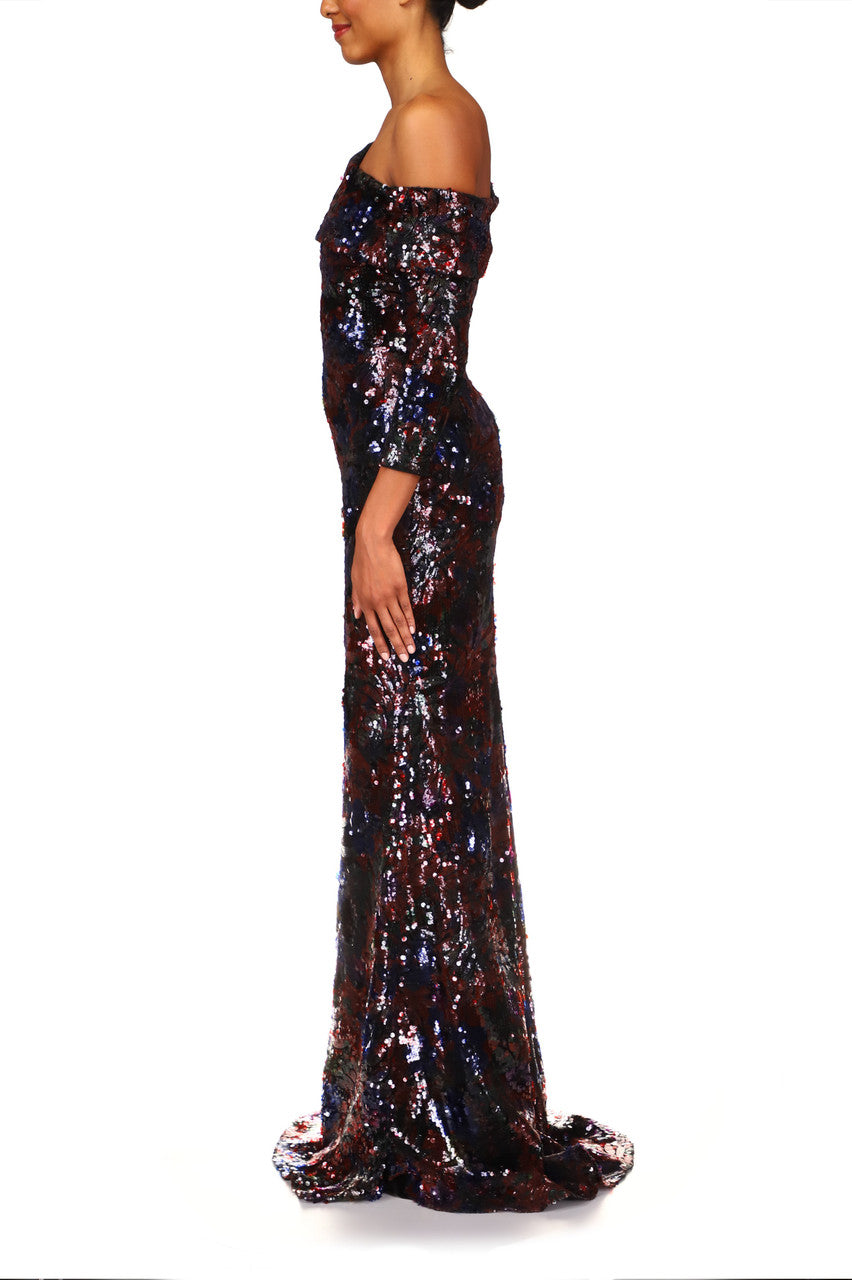 Black Multi | Floral Sequin Single-Shoulder Gown