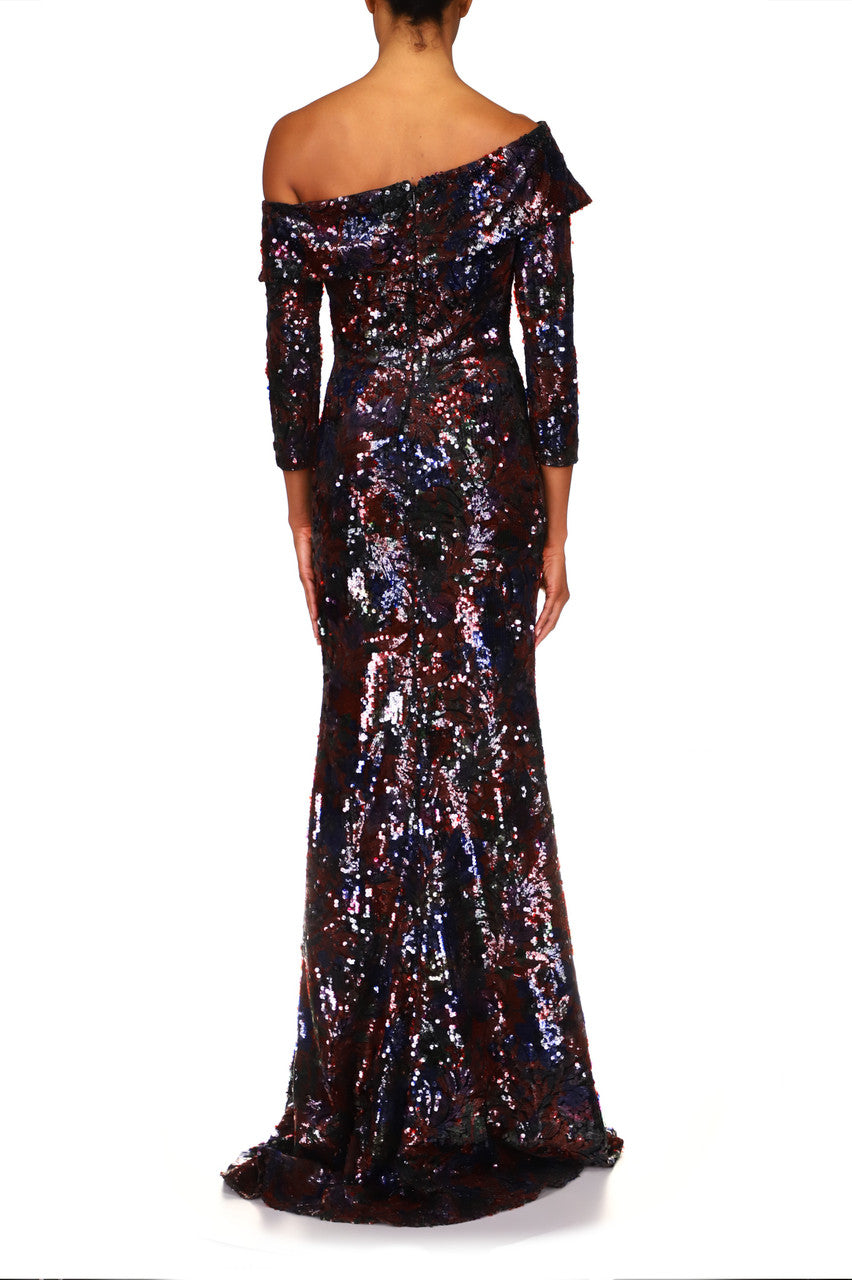 Black Multi | Floral Sequin Single-Shoulder Gown