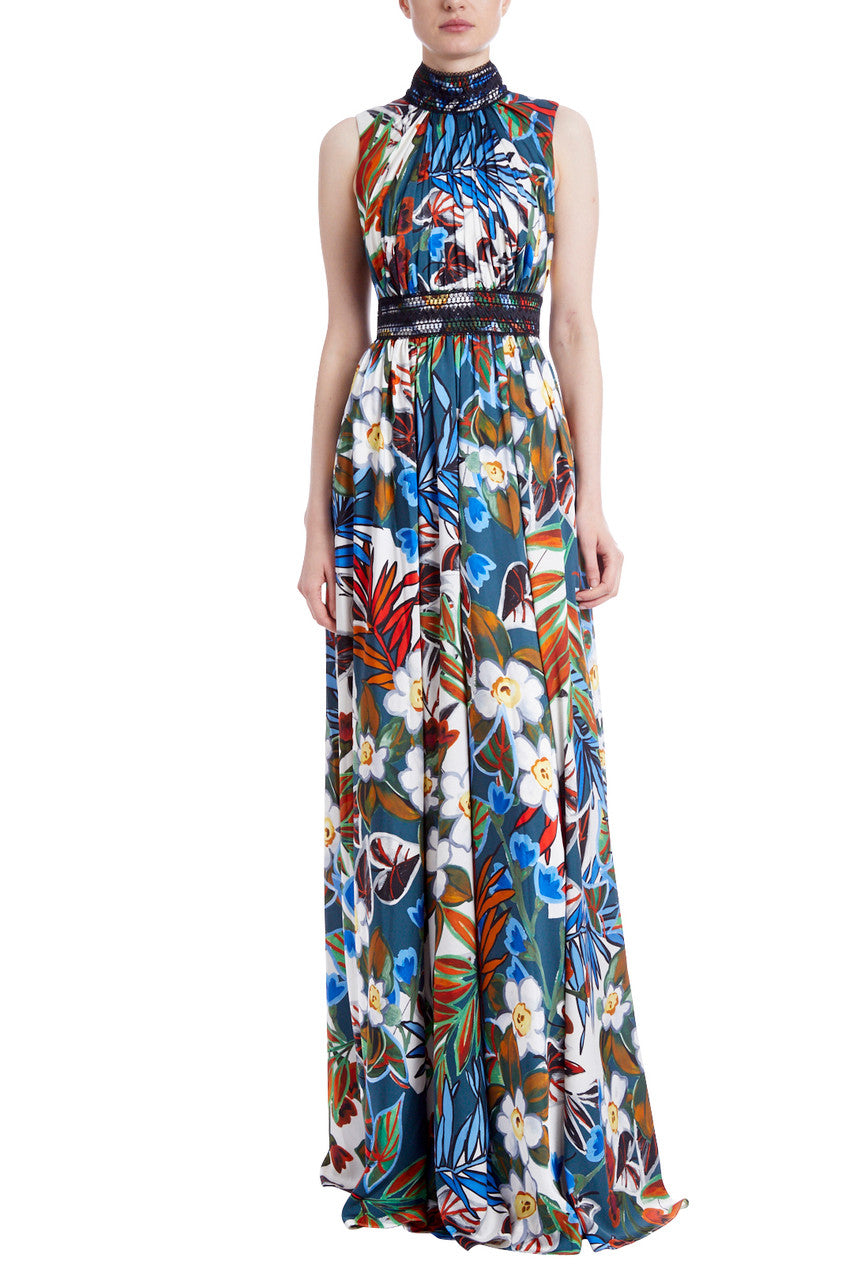 Blue Multi | Tropical, Floral High-Neck Sleeveless Maxi Dress