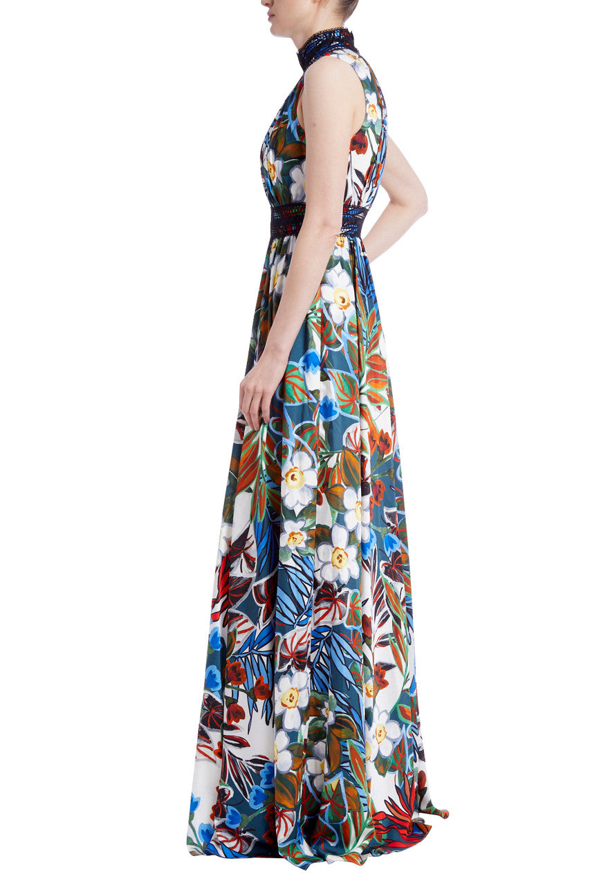 Blue Multi | Tropical, Floral High-Neck Sleeveless Maxi Dress