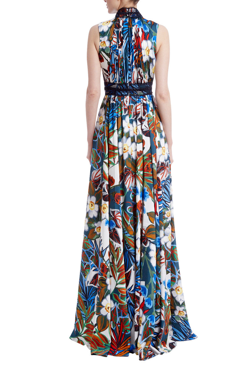 Blue Multi | Tropical, Floral High-Neck Sleeveless Maxi Dress