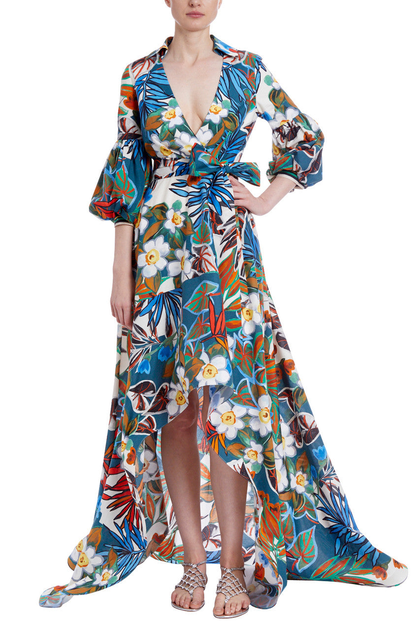 Blue Multi | Tropical Floral Print Gown with High-Low Hem