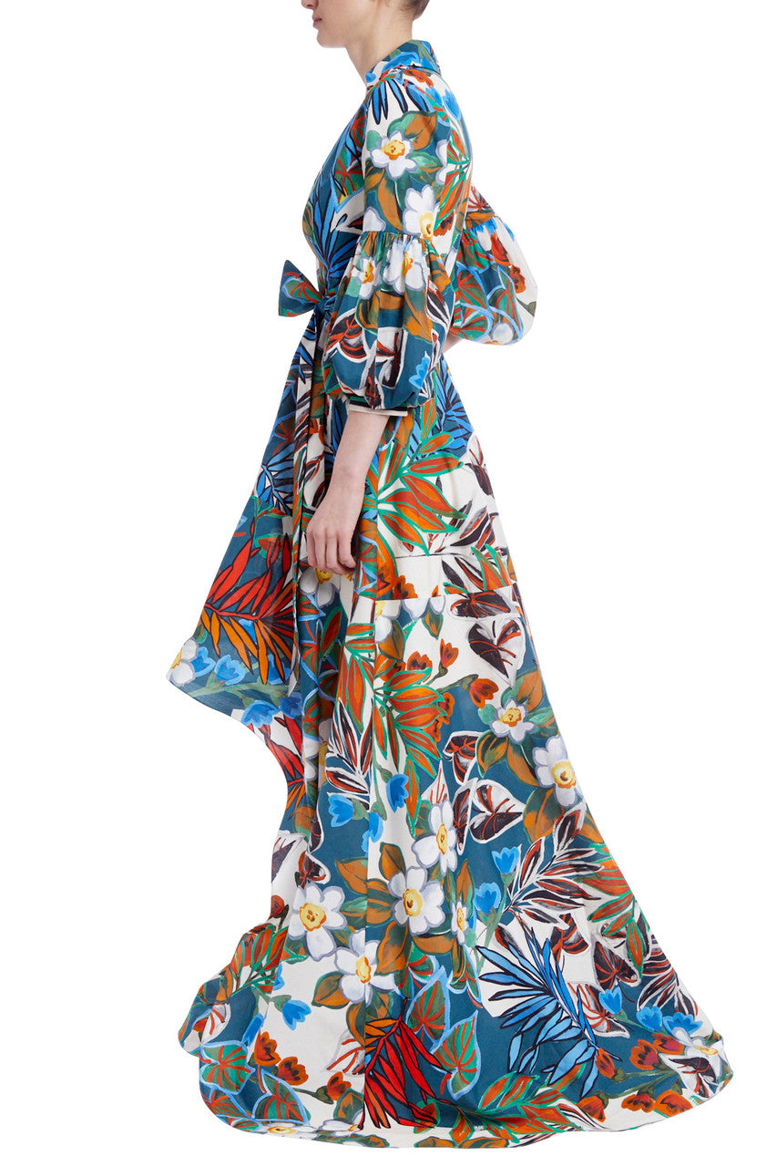 Blue Multi | Tropical Floral Print Gown with High-Low Hem