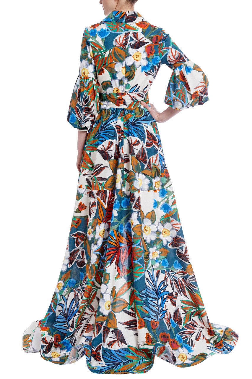 Blue Multi | Tropical Floral Print Gown with High-Low Hem