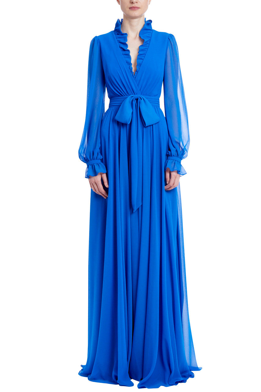 Blue | Ruffled V-Neck Gown with Sash Belt