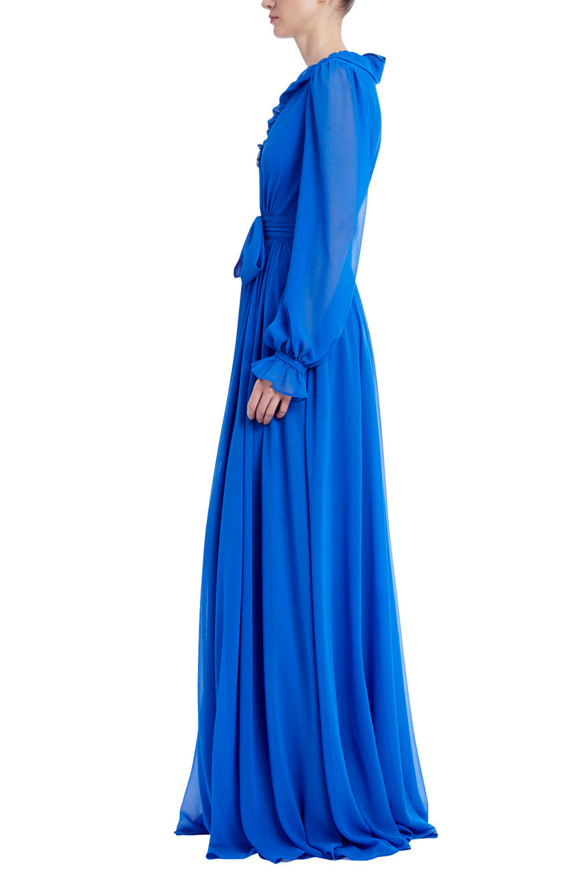 Blue | Ruffled V-Neck Gown with Sash Belt