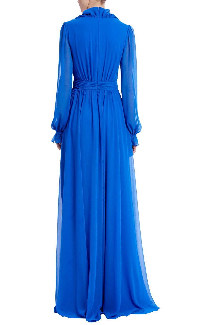 Blue | Ruffled V-Neck Gown with Sash Belt